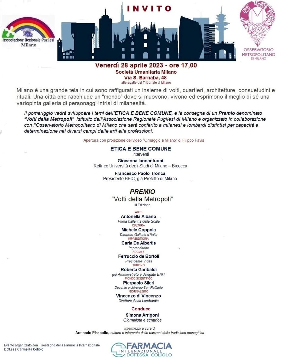 demilato0's tweet photo. PREMIO “Volti della Metropoli”. Terza edizione.
Milano è una grande tela. 
Una città che racchiude un “mondo” di talenti.
7 premiati.
Comunicare presenza all'indirizzo mail: arpugliesi@gmail.com
#milano #puglia #talenti #turismo https://t.co/5NMp43dV7I