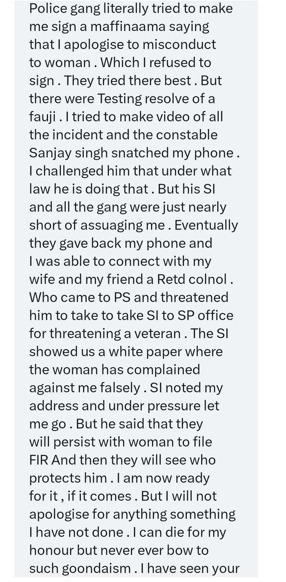 DeepikaBhardwaj's tweet photo. A shameful incident that occured in Noida-Ghaziabad where a retired army officer, a veteran was forced &amp; bullied by police to apologize to a woman even though it is she who rammed his car. Shameful. 

Plz take cognizance @ghaziabadpolice @noidapolice @Uppolice @upcoprahul https://t.co/HPVWRheWgh