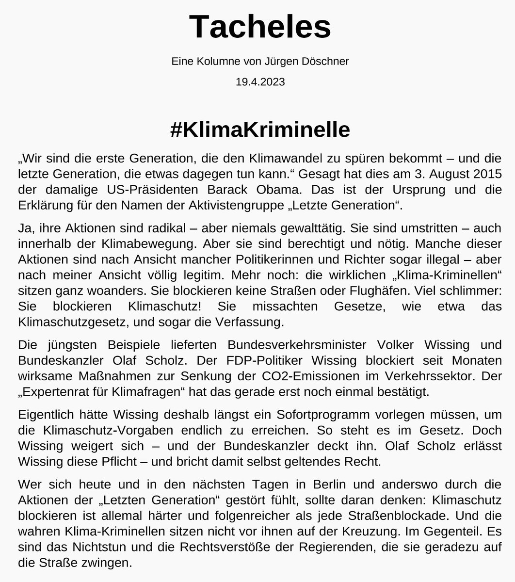 Die einen blockieren Straßen - die anderen blockieren #Klimaschutz.
Die einen sperrt man ein - die anderen bekommen den Segen des Kanzlers...
Die #KlimaKriminelle*n sitzen im Regierungsviertel - aber nicht vor, sondern IN den Ministerien. 
#Tacheles - meine Kolumne in #COSMO