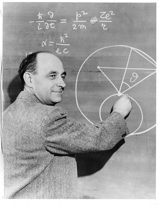 This is probably the most populat picture of Enrico Fermi, but there's a major error in it. The equation of the fine-structure constant from the Schrödinger equation is wrong &amp; some say that he deliberately wrote it wrong to have a giggle with his friends buff.ly/2N9rvE0