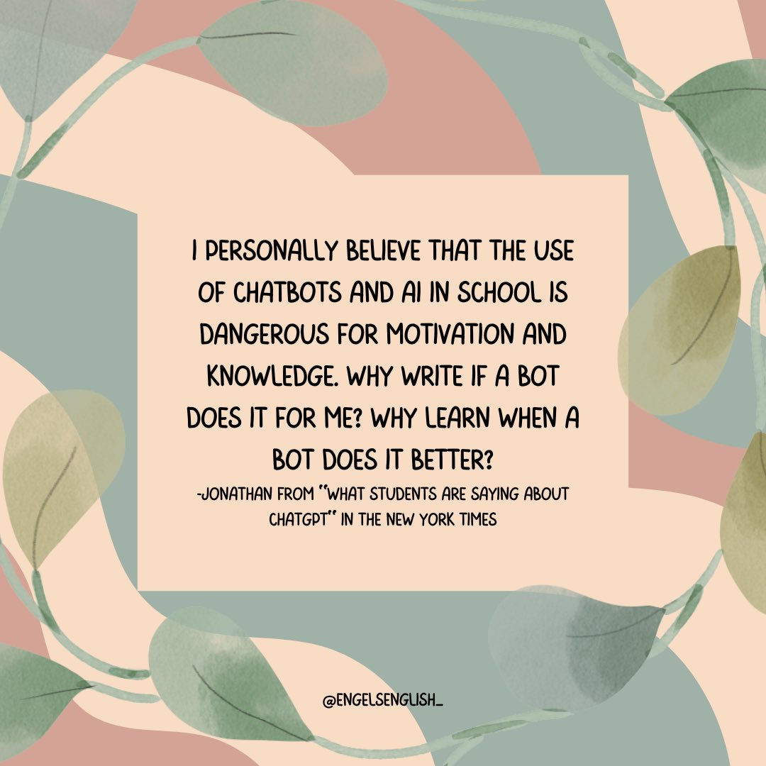 EngelsEnglish_'s tweet photo. The Learning Network published an article in the @nytimes, where even students voiced concerns about using #ChatGPT in th classroom.  If our students are discouraged that their thoughts can be replaced by bots, we should reconsider using them. #inspire #csumbls350 https://t.co/ul28PSMBkP