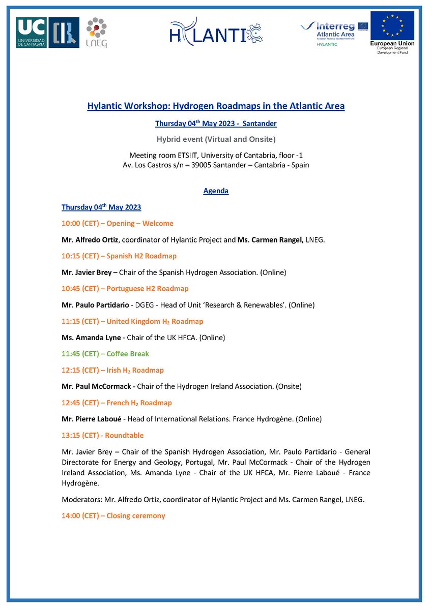 hylantic's tweet photo. Workshop. "Hydrogen Roadmaps in the Atlantic Area" that will take place on 4 May 2023 in Santander (Spain) @hylantic #hydrogen #energy https://t.co/MmPxnA1IV2
