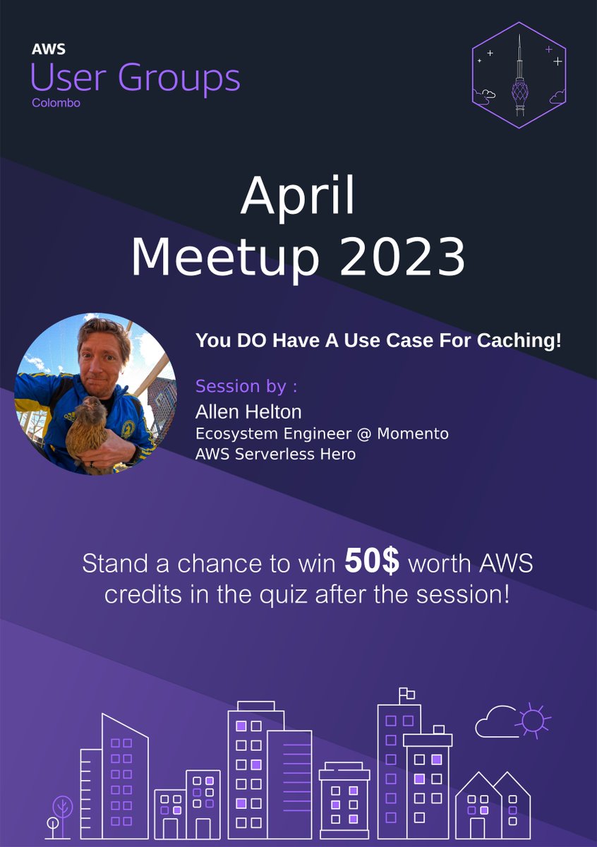 awsugcmb's tweet photo. We're pleased to announce that
@AllenHeltonDev
(AWS Serverless Hero, Ecosystem Engineer at Momento) will be speaking at the April Meetup for the AWS User Group Colombo on the 22nd of April 2023 at 5.30PM IST!  Register Now: https://t.co/aQWAoE09BS… #serverless #caching #meetup https://t.co/DKC3bBoawO