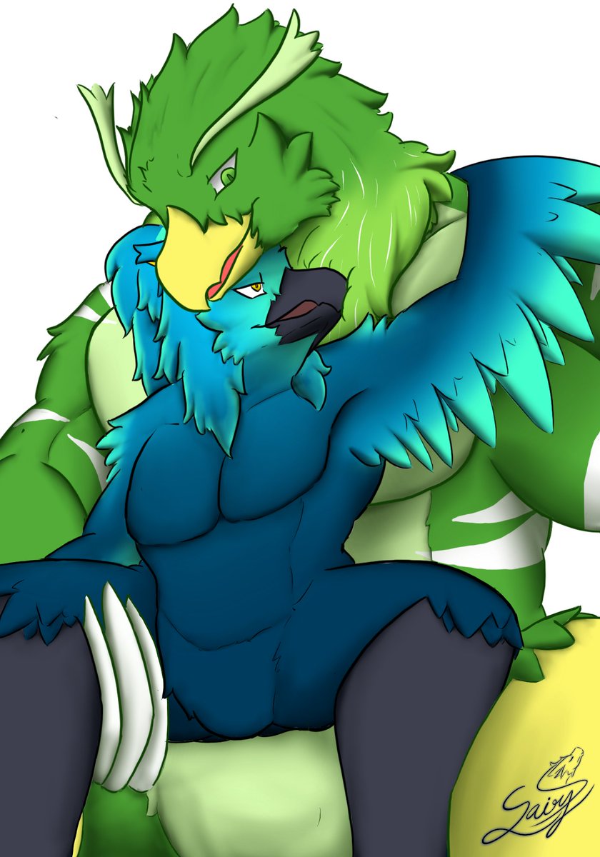 Bird and Bird~ 👀🦅🦅

Green bird : <a href="/Hunkuma_TH/">Hunkuma 🐻🦅</a> 
Blue bird : My Character 

NSFW ver. : x.com/Sairys_blue/st…

#furry #furryart #furryartwork #bird #avian