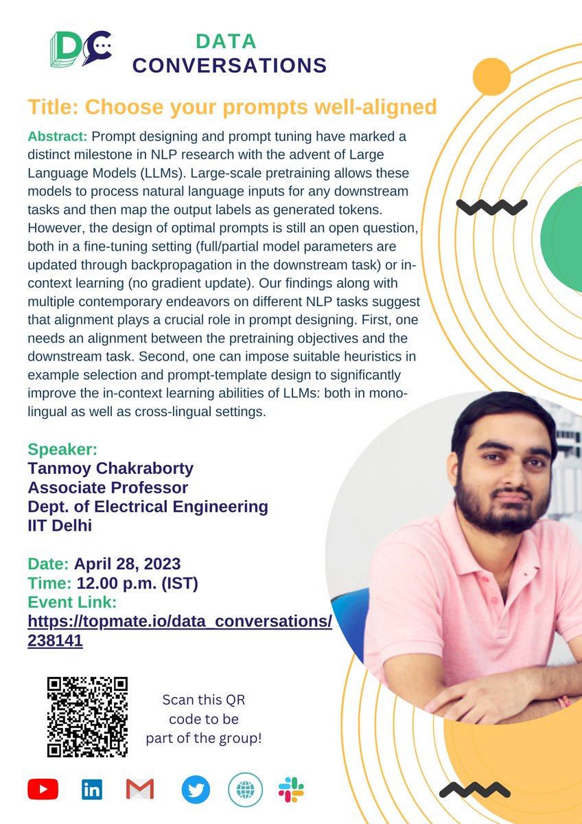 Data Conversation (@data_conv) on Twitter photo Hi All 👋
We're super excited for the upcoming technical seminar! Prof. Tanmoy Chakraborty will be delivering a talk on how to design well-aligned prompts for #LLMs.
Do not miss out on the learning!
#promptengineering
<a href="/hima_patel/">Hima Patel</a> <a href="/SameepMehta3/">Sameep Mehta</a> <a href="/_devarsh_patel/">Devarsh Patel</a> <a href="/freakynut/">Abinaya Mahendiran</a> Hi All 👋
We're super excited for the upcoming technical seminar! Prof. Tanmoy Chakraborty will be delivering a talk on how to design well-aligned prompts for #LLMs.
Do not miss out on the learning!
#promptengineering
<a href="/hima_patel/">Hima Patel</a> <a href="/SameepMehta3/">Sameep Mehta</a> <a href="/_devarsh_patel/">Devarsh Patel</a> <a href="/freakynut/">Abinaya Mahendiran</a>