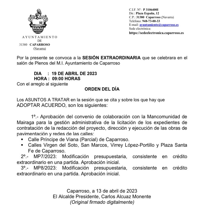📌 Hoy, miércoles 19 de abril, a las 9h, SESIÓN EXTRAORDINARIA en el Salón de Plenos del Ayuntamiento de Caparroso con el siguiente orden del día: