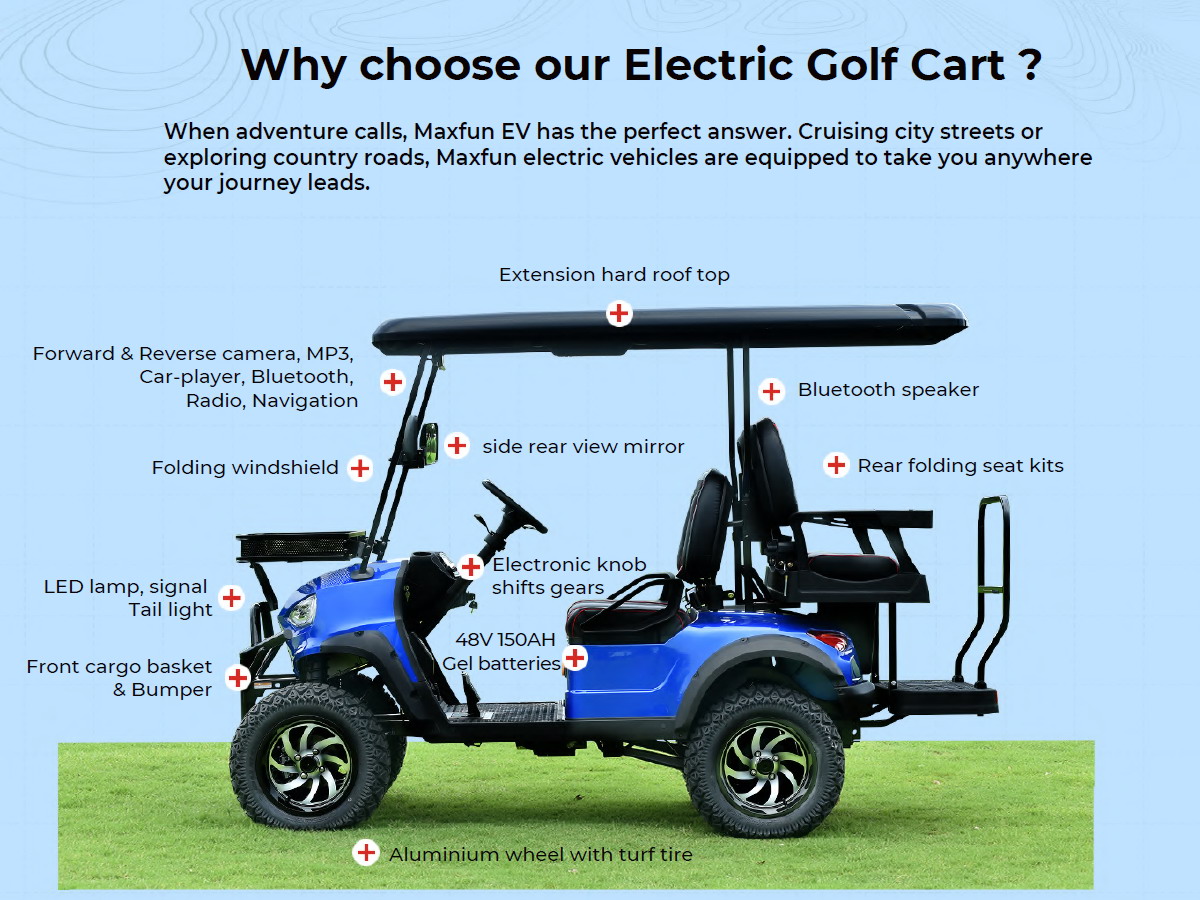 Lannmarker's tweet photo. 2023 Electric Golf Cart Movel 2+2 Lifted.
Main Features as Below:
1. Rear folding seat kits
2. Folding windshield
3. LED lamp, signal &amp; Tail light 
4. Aluminium wheel with turf tire
7. Forward &amp; Reverse camera, MP3, Car-player
10. Bluetooth speaker
11. 48V 150AH Gel batteries https://t.co/rXaDgOFQw4