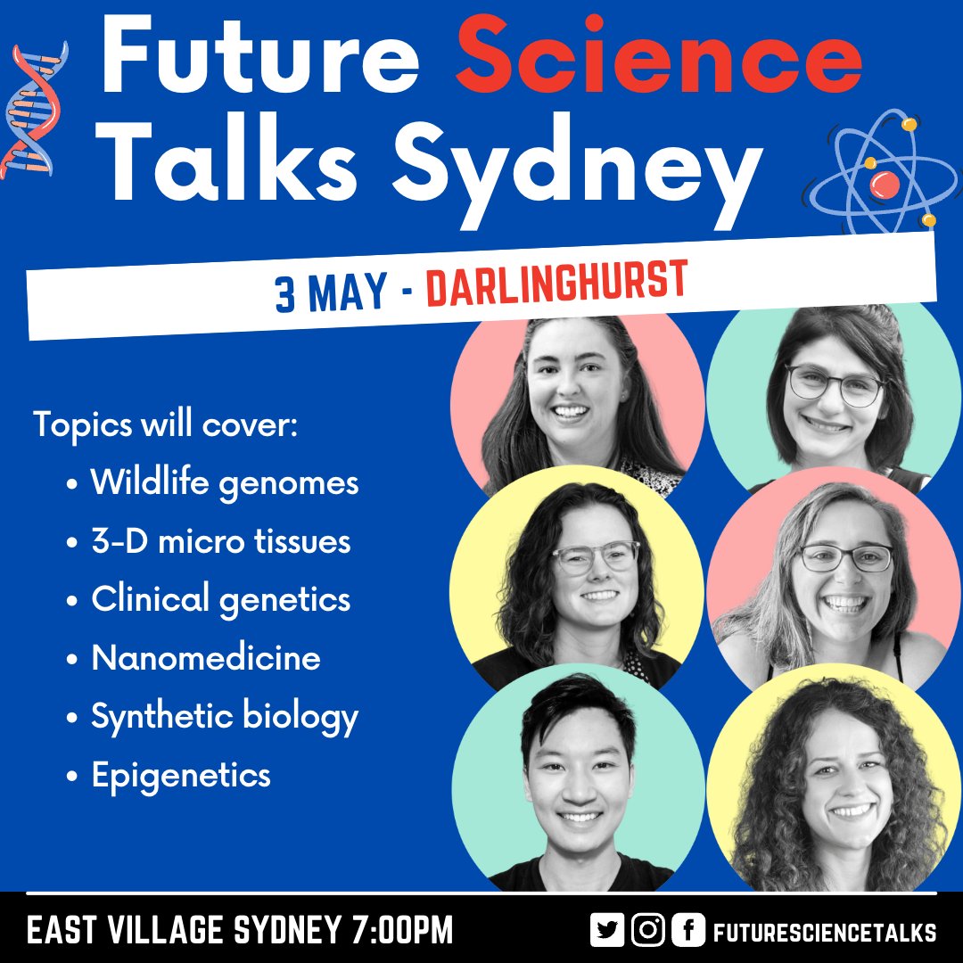 These epic speakers will be at our next @futuresciencetalks on 5 May at East Village Sydney 🥼🧪🥽 Don't miss them! Tickets via our bio & here: eventbrite.com.au/e/future-scien… @Leah25126220 🧫 @erin_turbitt 👶 @SimonTang_ 🐸 @erpfieee 🔬 @_marinaul🧠 @AmandaKhoury9 🧬