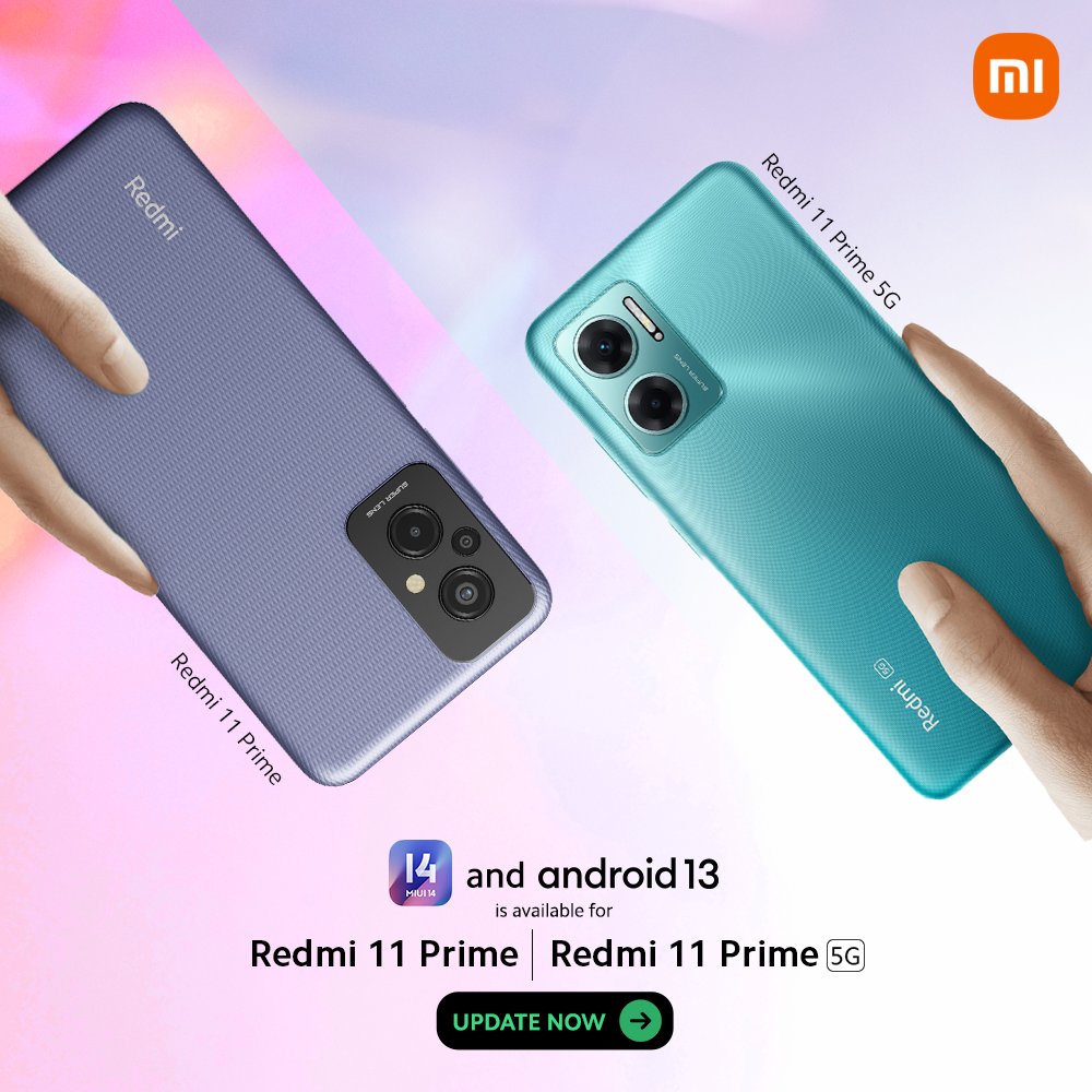 XiaomiHyperOSIN's tweet photo. 📣 Our all-rounders now pack more punch with the all-new #MIUI14 and @android 13 update.

Switch to our latest software version on your #Redmi11Prime5G and #Redmi11Prime to enjoy a #ReadySteadySmooth experience. 🚀 https://t.co/0Lvhxy42E5
