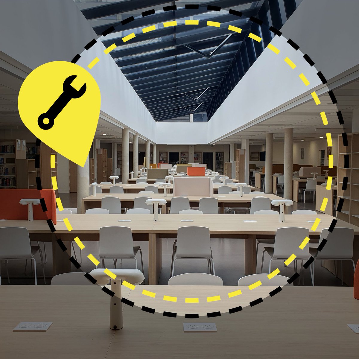 BUBMontaigne's tweet photo. [ℹ️ #InfoBU] 🚧 Les travaux pour changer le dernier vitrage endommagé 🪟 de la salle Verrière de la #BibRMenchú sont en cours ! cc @UBMontaigne

⚠️ Une partie de la salle est actuellement interdite aux personnels et aux publics : les autres espaces restent accessibles. https://t.co/PTLFHmcGXP