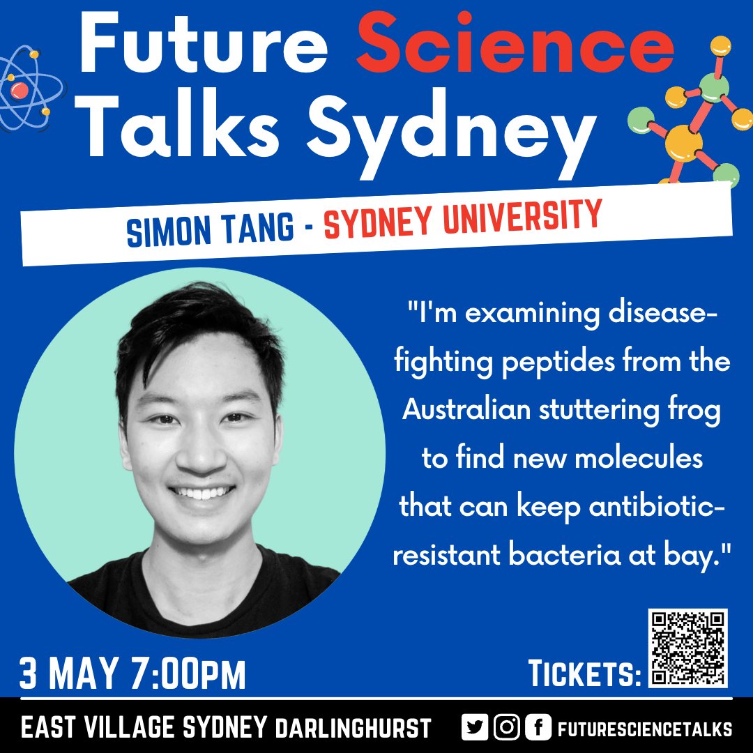 Hear from @SimonTang_ at the next @ScienceTalksSyd event on 3 May where he will be discussing disease-fighting peptides from the Australian stuttering frog 🐸 Tickets available here: eventbrite.com.au/e/future-scien…
