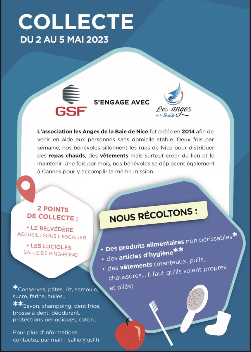 Nico Romain (@nicosiaromain) on Twitter photo Merci à <a href="/GSFproprete/">GSF Propreté & Services</a> de s’engager avec <a href="/AngesNice/">Les Anges de la Baie de Nice</a> , association dont je fais parti depuis plus de 3 ans et que je suis fier de représenter.
Merci pour vos futurs dons à cette collecte, nous sommes aussi à la recherche de bénévoles.
#Nice #cannes Merci à <a href="/GSFproprete/">GSF Propreté & Services</a> de s’engager avec <a href="/AngesNice/">Les Anges de la Baie de Nice</a> , association dont je fais parti depuis plus de 3 ans et que je suis fier de représenter.
Merci pour vos futurs dons à cette collecte, nous sommes aussi à la recherche de bénévoles.
#Nice #cannes