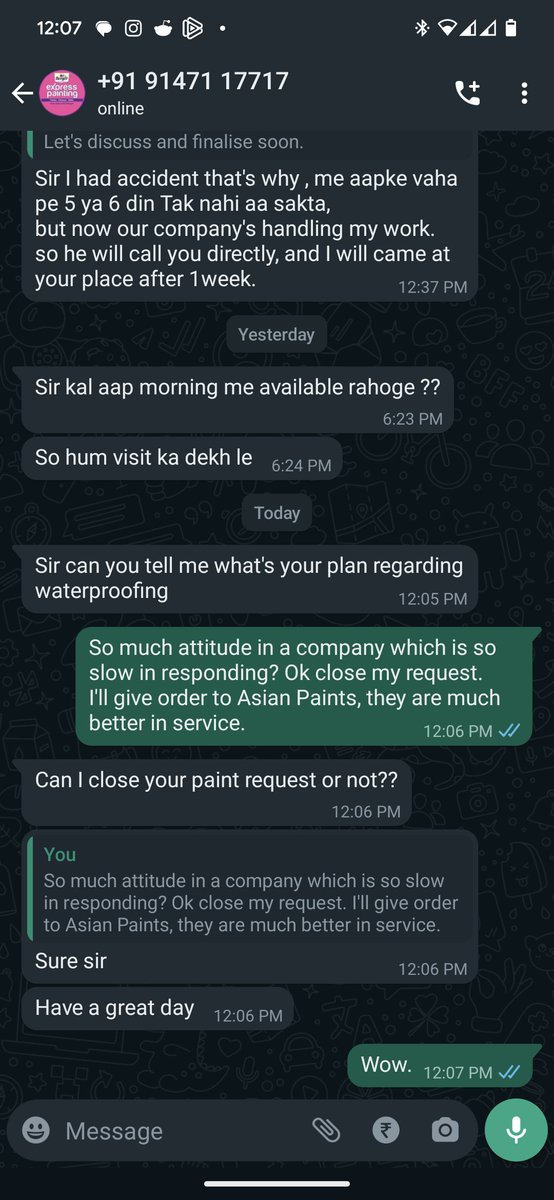 Archit's tweet photo. Learn some attitude from @BergerPaintsInd 

1. Try to sell you paint by telling why I shouldn't go with @asianpaints. 2. Delay by calling for an appointment for site visit everyday without actually coming. 3. Show attitude on the day when you are actually busy with your own work. https://t.co/AcxubXMnwL