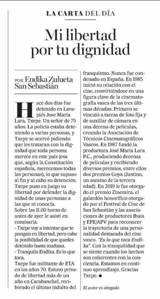Topocorleone's tweet photo. Esta carta del abogado Endika Zulueya sobre la detención de un ciudadano por actuar con solidaridad y cívicamente . #Txepe https://t.co/XLuzjHi6WE