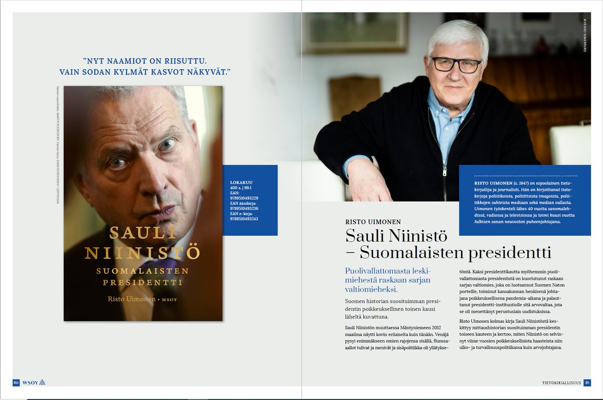 Tiedoksi siltä varalta, jos tämä vaikka kiinnostaisi. Kolmas kirjani Niinistöstä. Eka kuvasi hänen poliittisen tiensä presidentiksi. Toinen käsitteli ensimmäistä kautta presidenttinä ja tämä keskittyy Niinistön kakkoskauteen. On siinä laajempaakin perspektiiviä presidenttiyteen.