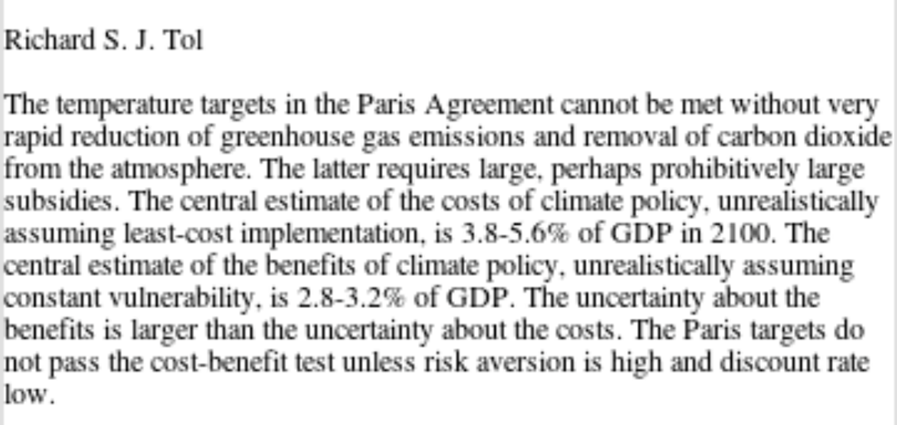 Peerreviewed artikel van prof Tol: 'De #klimaatdoelstellingen van Parijs slagen niet voor de kosten-batentoets..'

ideas.repec.org/p/arx/papers/2…