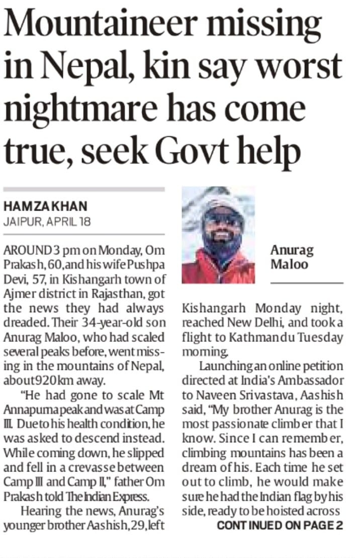 Prayers for Kishangarh, Ajmer’s mountaineer Anurag Maloo, that he can be rescued from Mount Annapurna, Nepal and can return safely to home. Best wishes for his safe evacuation and return.