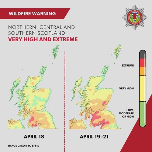 Scottish Fire and Rescue Service – Your Safety (@sfrsyoursafety) on Twitter photo ⚠️EXTREME AND VERY HIGH risk of wildfire for North, Central and Southern Scotland⚠️
The wildfire warning comes into effect today and lasts until Friday, 21 April.
Help us reduce the risk of wildfire by following the guidance below ⬇️
rb.gy/xjsvg ⚠️EXTREME AND VERY HIGH risk of wildfire for North, Central and Southern Scotland⚠️
The wildfire warning comes into effect today and lasts until Friday, 21 April.
Help us reduce the risk of wildfire by following the guidance below ⬇️
rb.gy/xjsvg