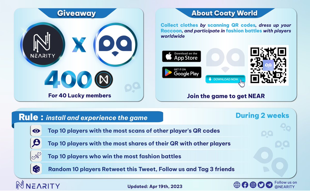 ✨NEARITY X COATY #Giveaway 

🔴You can become a winner when you  complete ONE of the following RULES
1⃣Scan Coaty QR
2⃣Share Coaty QR
3⃣Win fashion battles
4⃣RT-tag 3 friends-FL <a href="/Nearity_org/">Nearity 🅝 | Create Without Limits</a> &amp; <a href="/CoatyWorld/">Coaty World - Fashion Battle 🔥</a> 

🔥Download and play #CoatyWorld now
🌐l.coaty.world

#Nearity