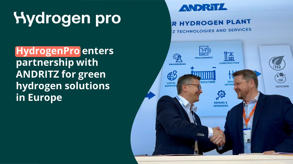hydrogenpro's tweet photo. Today, HydrogenPro announced a new industrial partnership with Austrian industrial giant ANDRITZ Group. The partnership combines ANDRITZ's manufacturing and assembly expertise with HydrogenPro's expertise in high-pressure alkaline electrolysers.
https://t.co/jAhRBGXpO3 https://t.co/DdZpJFVn7e