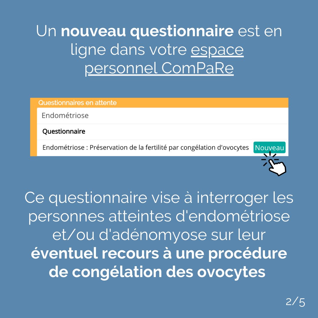 ComPaReEndo's tweet photo. 👉 Nouveau questionnaire dans votre espace perso ComPaRe (https://t.co/foaoOMB6ZG) sur le recours à une procédure de préservation de la #fertilité 🌸 chez les femmes atteintes d'#endométriose et/ou d'#adénomyose par congélation des #ovocytes 🏥 https://t.co/JSt4K3xs1o