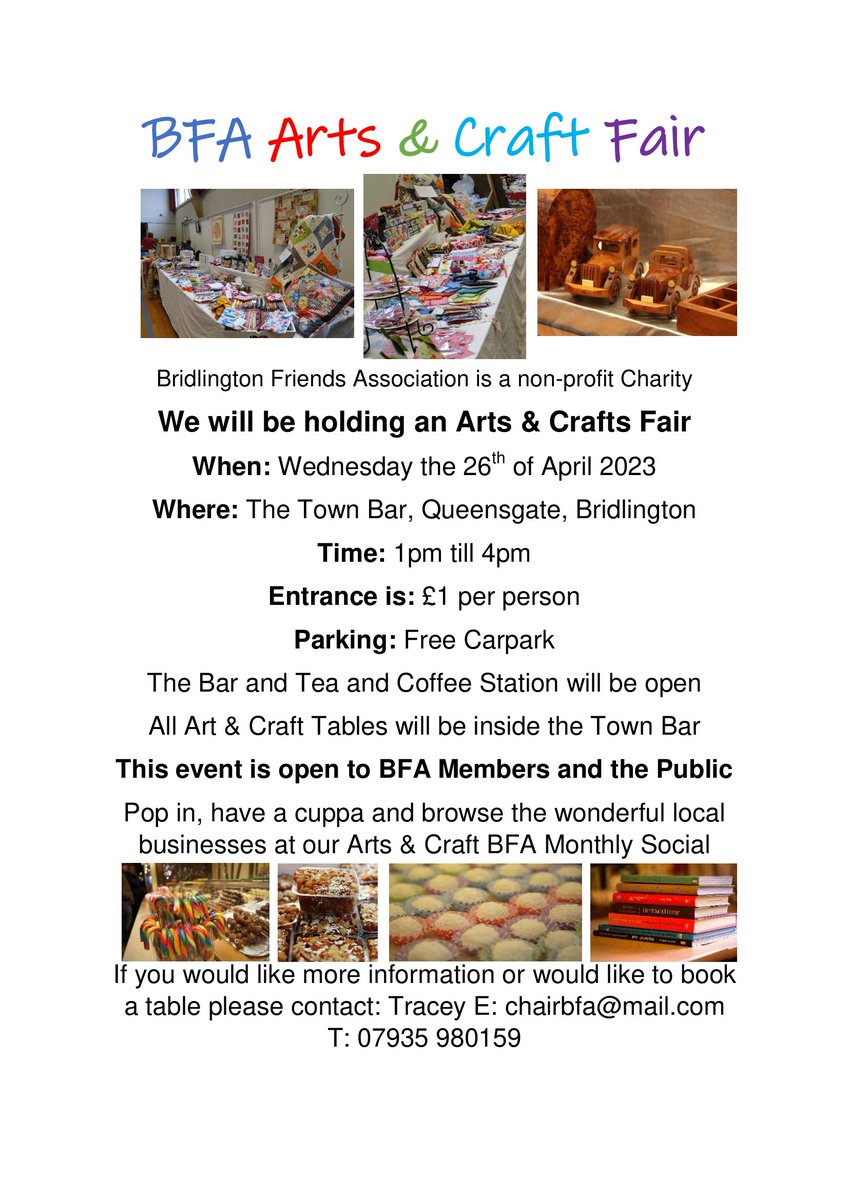 Don't forget to pop along to our craft fair next week! A great opportunity to treat yourself or someone else to a locally made gift. There will also be opportunities to enjoy a cuppa and a chat and find out more about the BFA and what we do.

#bridlington