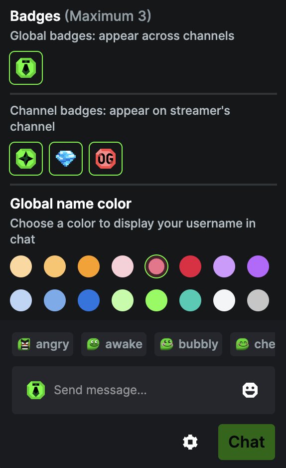 Major chat update 🚨

You can now edit badges and the color of your name in chat + new clickable emotes for faster reactions in stream! Also updated slow mode and follower only mode in chat.