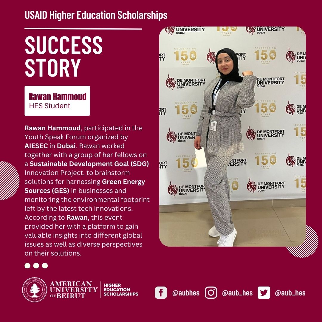 .<a href="/USAID/">USAID</a> HES Scholar Rawan Hammoud <a href="/AUB_Lebanon/">American University of Beirut</a> Tackles E-waste at the Youth Speak Forum
More: aub.edu.lb/HES/news/Pages…