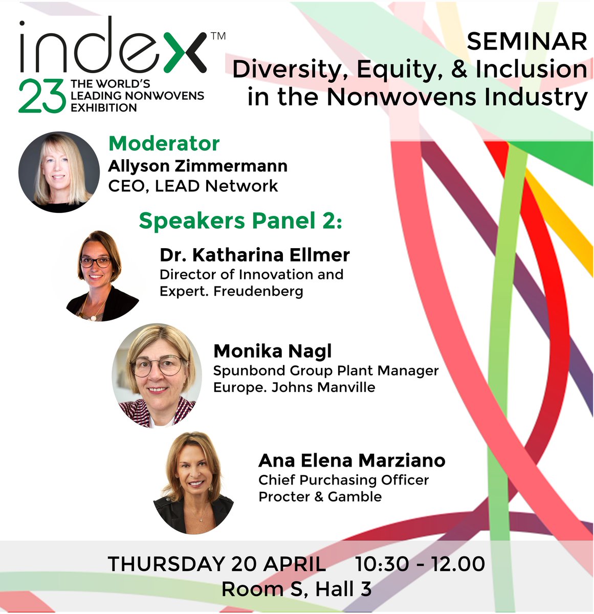 🗓️ Today at #INDEX23, SEMINAR: Diversity, Equity, &amp; Inclusion in the Nonwovens Industry
Thursday, 20 April - 10:30 - Room S, Hall 3

Please register and join us at INDEX™23! lnkd.in/eyHz3qaR

▶ Participate, learn, and share. 
#INDEXnonwovens #nonwovens #Diversity #Equity