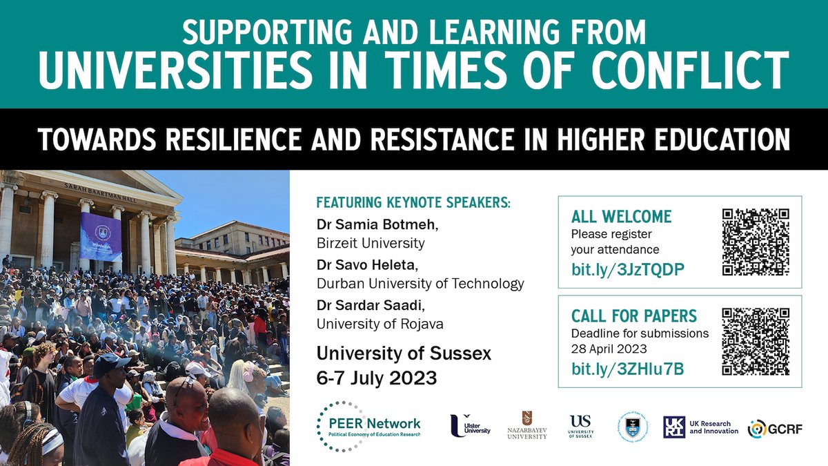 Don’t miss the Call for Papers for our symposium on Supporting and Learning from Universities in Times of Conflict - deadline 28th April 2023

Call for Papers bit.ly/3ZHlu7B 

All Welcome! Please register bit.ly/3JzTQDP