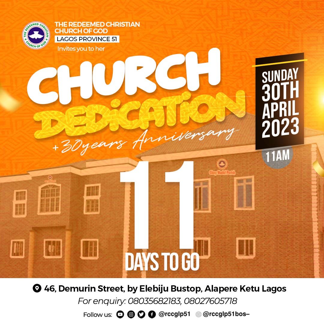 rccgregion53's tweet photo. Praise be to the God and Father of our Lord Jesus Christ! In His great mercy, he has given us new birth into a living hope
We invite you to our church dedication service and 30th Anniversary come Sunday 30th April 2023.
#rccglp51 #rccgglorymodel #churchdedication https://t.co/7I3FB3gwxW