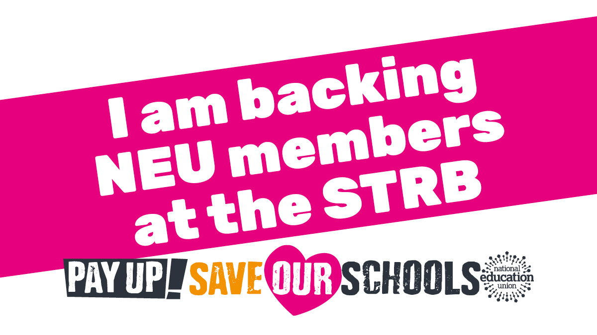 National Education Union (@neunion) on Twitter photo Today, the <a href="/NEUnion/">National Education Union</a> will be giving evidence to the school teachers’ review body (STRB) which makes recommendations to Govt on the pay.
They’ll be telling them about their experiences and why teachers need a fair, fully funded pay rise.
RT to show your support. #SaveOurSchools Today, the <a href="/NEUnion/">National Education Union</a> will be giving evidence to the school teachers’ review body (STRB) which makes recommendations to Govt on the pay.
They’ll be telling them about their experiences and why teachers need a fair, fully funded pay rise.
RT to show your support. #SaveOurSchools