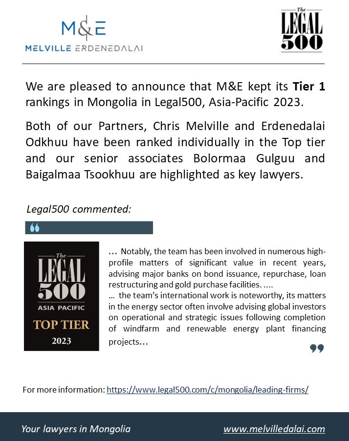 We are pleased to announce that M&E kept its Tier 1 rankings in #Mongolia #Legal500 #AsiaPacific 2023.