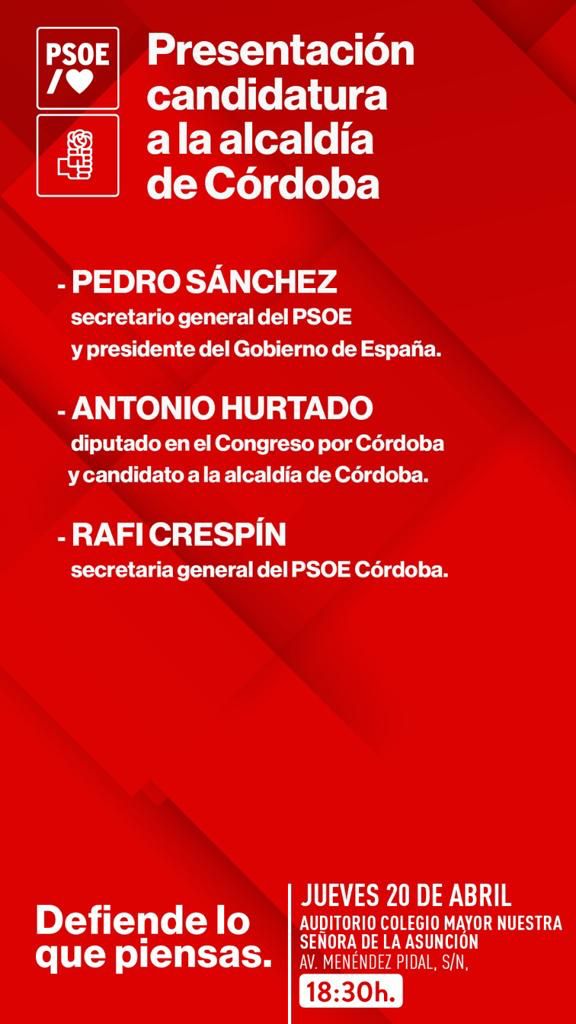 PuenteGenilPSOE's tweet photo. Este jueves a las 18:30h en el Auditorio del Colegio Mayor Ntra Sra de la Asunción, estarán @sanchezcastejon @AntonioHurtado  y @rafi_crespin , presentación de la candidatura a la Alcaldía de Córdoba.
¡No faltes!
#DefiendeLoQuePiensasEste https://t.co/GtM1B67YNt