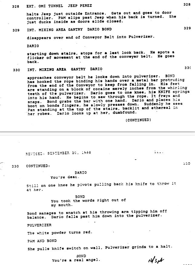 Dario's death in Licence To Kill, with Pam being a real angel. 

#JamesBond #LicenceToKill #TimothyDalton #BenicioDelToro #screenplay #WorkplaceHazard