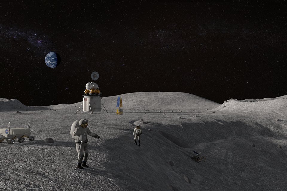Artist's illustration of astronauts on the Moon with the Earth in the background. Credit: NASA