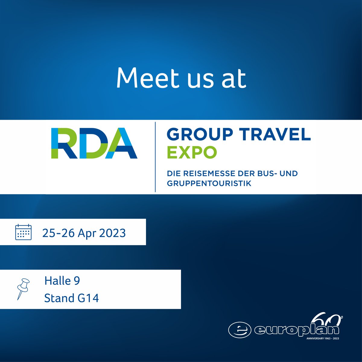 È di nuovo quel periodo dell'anno: il 25 e il 26 aprile torna l'irrinunciabile appuntamento con RDA Group Travel Expo!
Ci vediamo a Colonia per condividere e presentare i nostri #viaggidigruppo in Italia 😎

🗓 25-26 aprile 2023
📌  #RDAExpo2023 | Halle 9 | Stand G14

#europlan