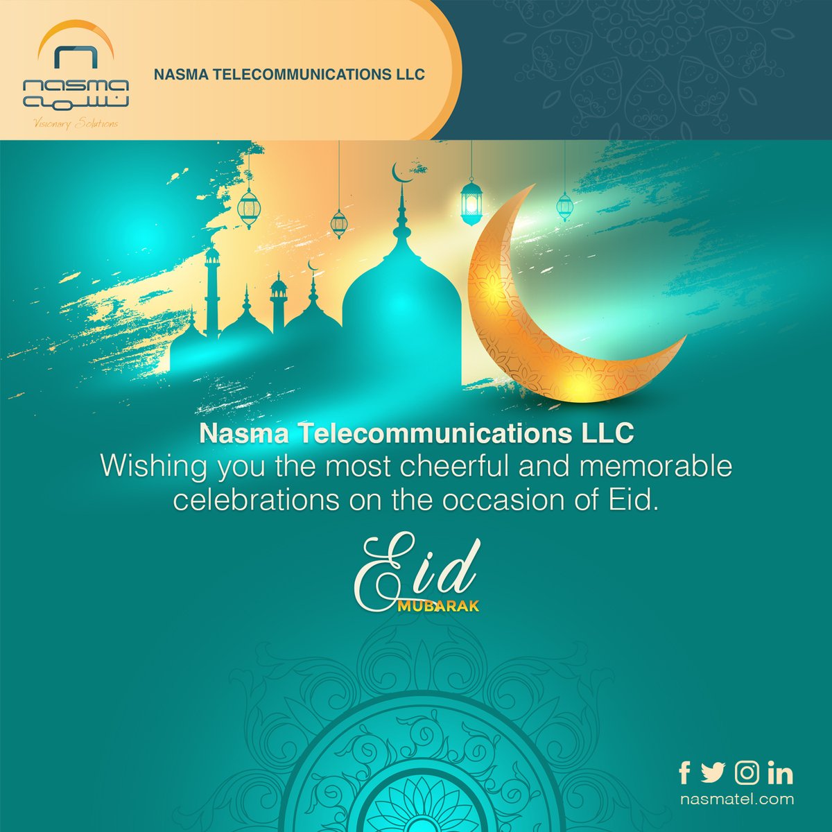 Nasmatel's tweet photo. Nasma Telecommunications LLC Wishing you the cheerful and memorable celebrations on the occasion of Eid. #Eid2023 #Nasmatel #Muscat #Oman https://t.co/OOfuWGAycq