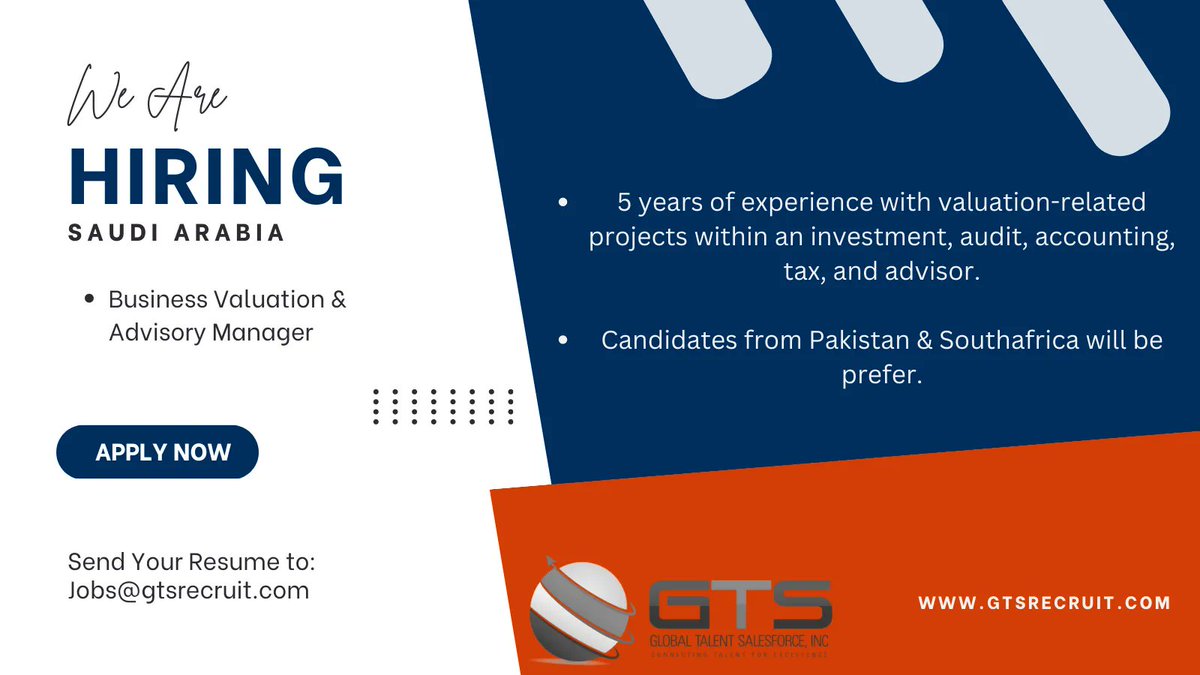 GTSRecruit's tweet photo. Hiring For KSA

#Businessvaluation #advisorymanager #hiring #executivesearch #ksa #SaudiArabia #saudia #Pakistan #Pakistani #jobs2023 #SouthAfrica #JobVacancy #Supreme_Court_Of_Pakistan #ZakatForShaukatKhanum https://t.co/O31Dj93blO
