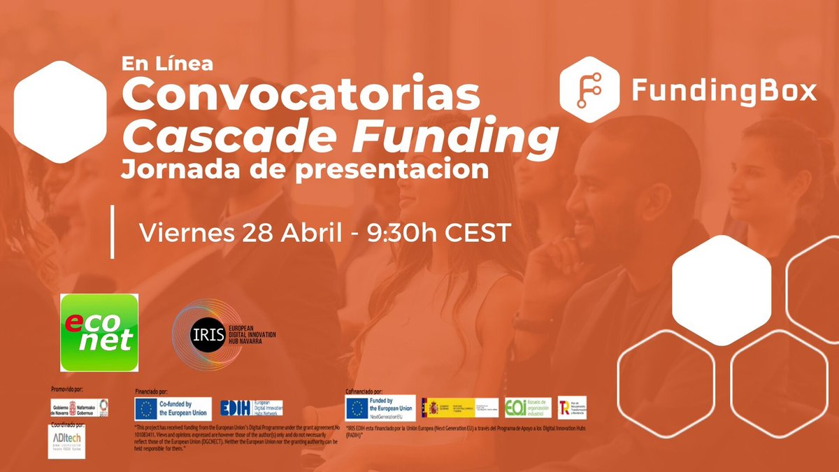 Jornada de Presentación de Convocatorias Cascade Funding

Introducción a los mecanismos y metodología de financiación en cascada y presentación de proyectos con convocatorias abiertas

🗓️ 28 de abril
🕐 9:30
📍 Online

irisnavarra.com/agenda/jornada…

Promueve <a href="/gob_na/">Gobierno de Navarra</a> 
Coordina <a href="/ADItech/">ADItech - Coordinador Sistema Navarro de I+D+i</a>