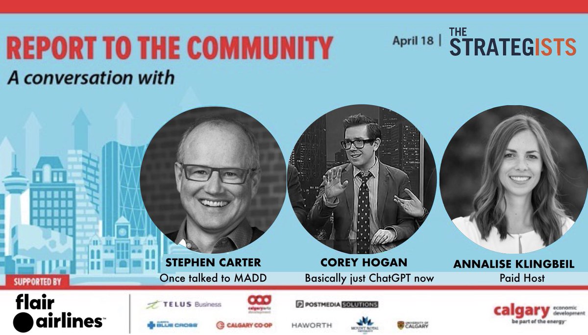 @strategistspod @AnnaliseAK @carter_AB @coreyhogan JOIN US: This year, the @strategistspod Report to the Community features an intimate conversation with @carter_AB and @coreyhogan, led by @AnnaliseAK . Tickets ➤ westofcentre.ca