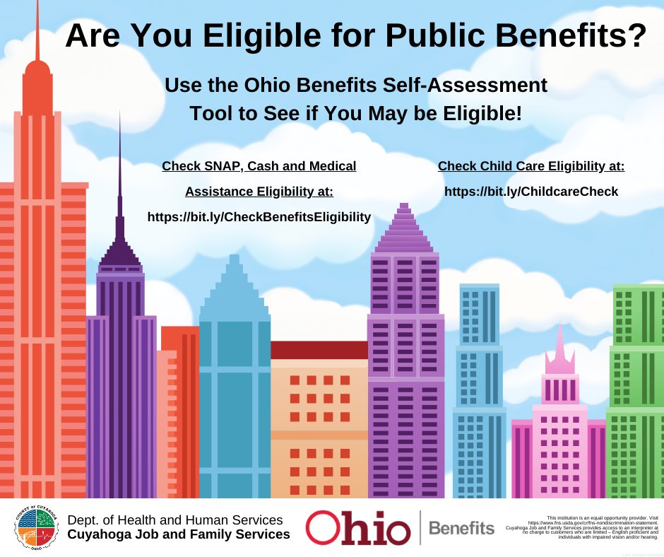 Are you eligible for public benefits? Use our self-assessment tool to see if you may qualify. 
SNAP, Cash, and Medical assistance here: bit.ly/CheckBenefitsE… 
Child Care Eligibility Here: bit.ly/ChildcareCheck
#CuyahogaCounty #CJFSOutreach