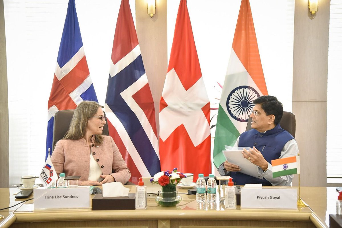 PiyushGoyal's tweet photo. Met European Free Trade Association (EFTA) Parliamentary Committee delegation led by Ms. Trine Lise Sundnes. 

Discussed ways to boost trade &amp; investment ties between India &amp; EFTA members by giving further impetus to the exchange of expertise across critical sectors. https://t.co/25sFgaqlrk