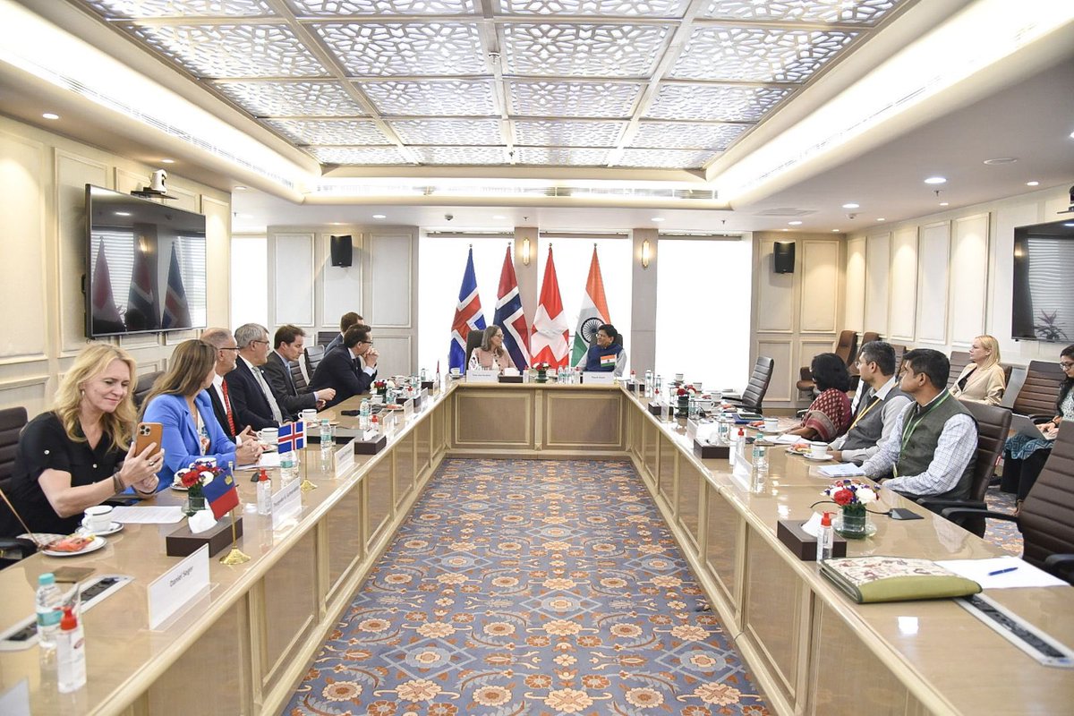PiyushGoyal's tweet photo. Met European Free Trade Association (EFTA) Parliamentary Committee delegation led by Ms. Trine Lise Sundnes. 

Discussed ways to boost trade &amp; investment ties between India &amp; EFTA members by giving further impetus to the exchange of expertise across critical sectors. https://t.co/25sFgaqlrk