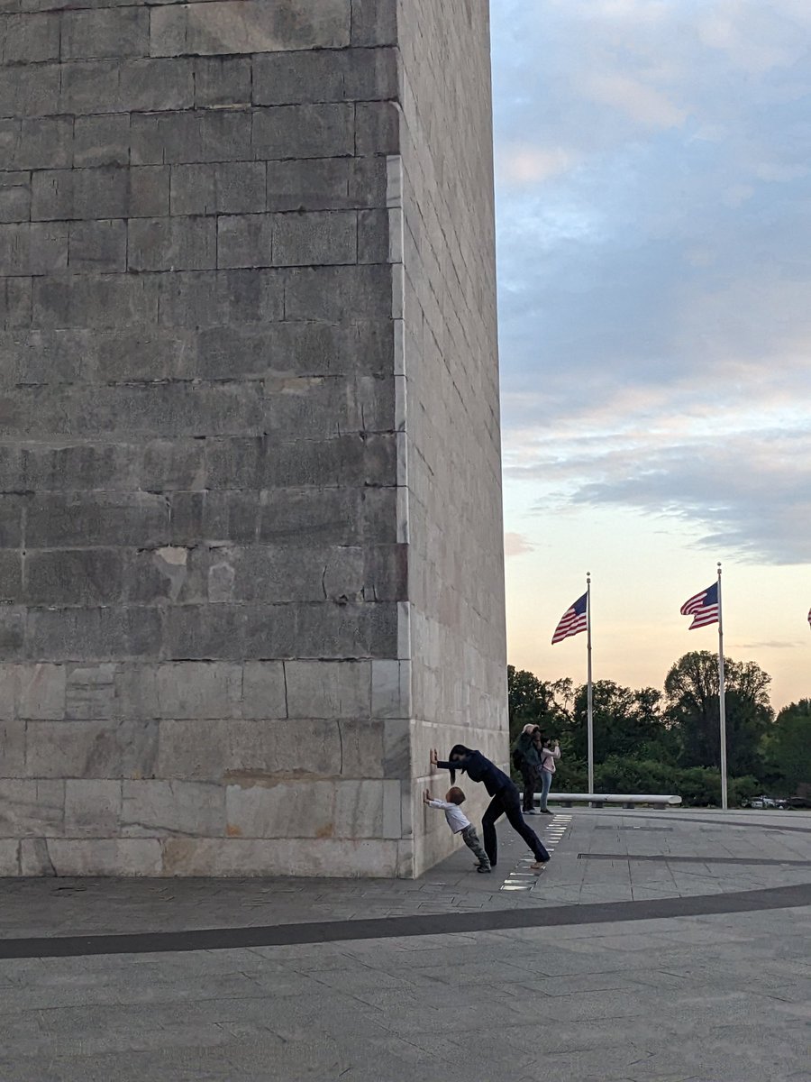 My son insisted I help him push the Washington monument back because it was falling. He's not wrong... #WashingtonDC #LifewithLayth