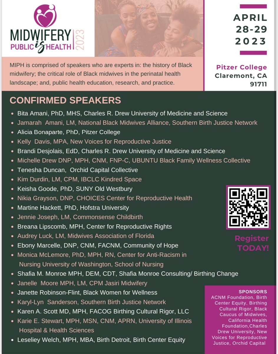 Join us on April 28-29 for Midwifery is Public Health Mini-Conference. 

Register online today. sites.google.com/view/midwifery… 

Space is limited! #MidwiferyIsPublicHealth #MidwiferyisPH #BlackBirthWorkers #BirthJustice #BirthEquity #ReproductiveJustice