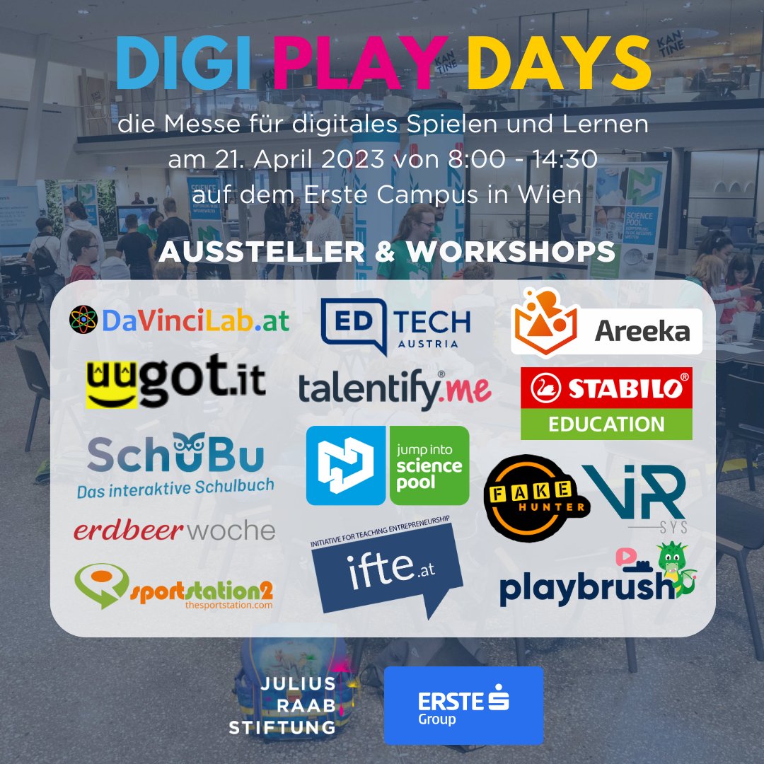 🚨Aufgepasst!🚨 Die #DigiPlayDays stehen unmittelbar vor der Tür!

Am 21. April 2023 ist es so weit! Die Messe für digitales Spielen und Lernen in Österreich ist wieder für SchülerInnen, LehrerInnen und alle interessierten Personen geöffnet.
juliusraabstiftung.at/events/digi-pl…