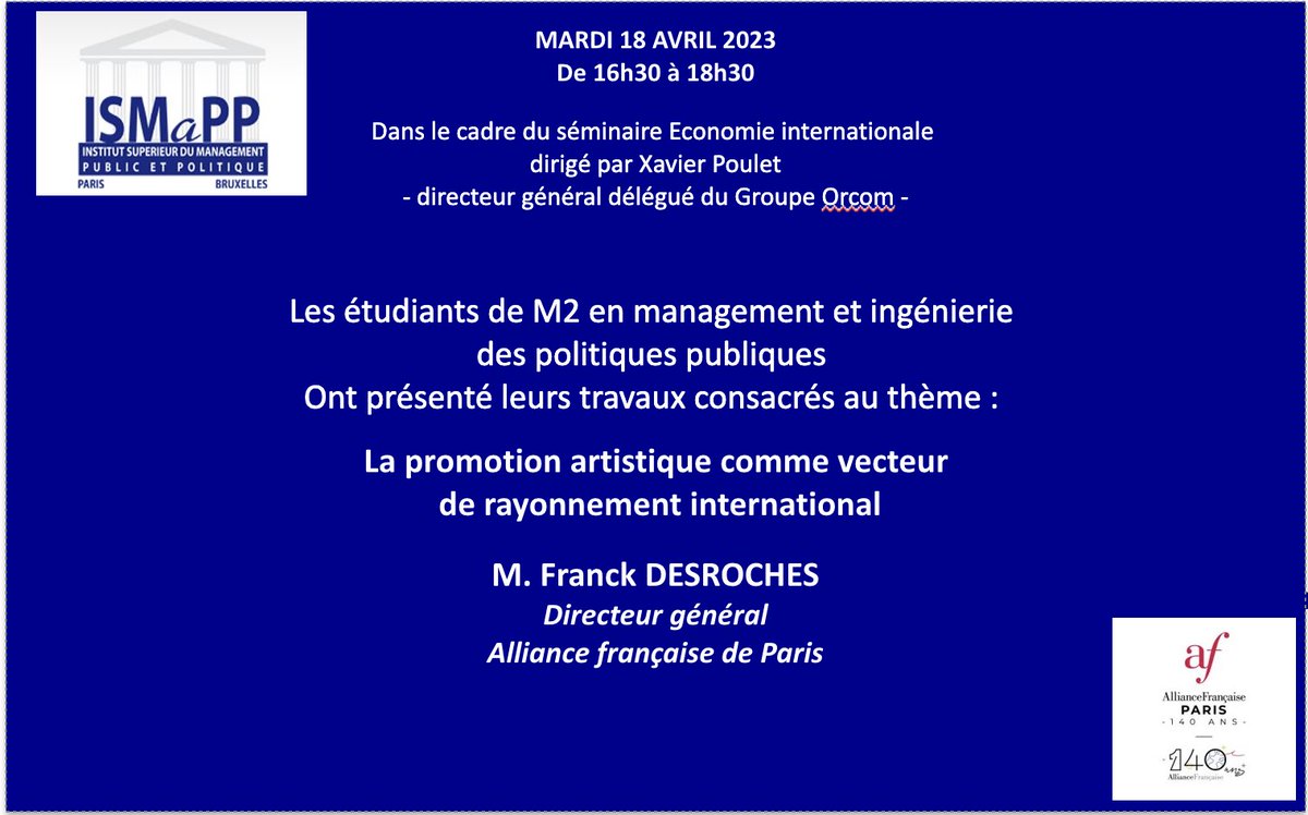 e_ISMaPP's tweet photo. Hier, étudiants de M2 en #management et #ingénierie ​des #politiquespubliques ​ont présenté leurs travaux consacrés à : "​La promotion artistique comme vecteur​ de rayonnement international​" à  @FranckDesroches, Directeur général @alliancefrparis https://t.co/r0Hnw7Rg5m