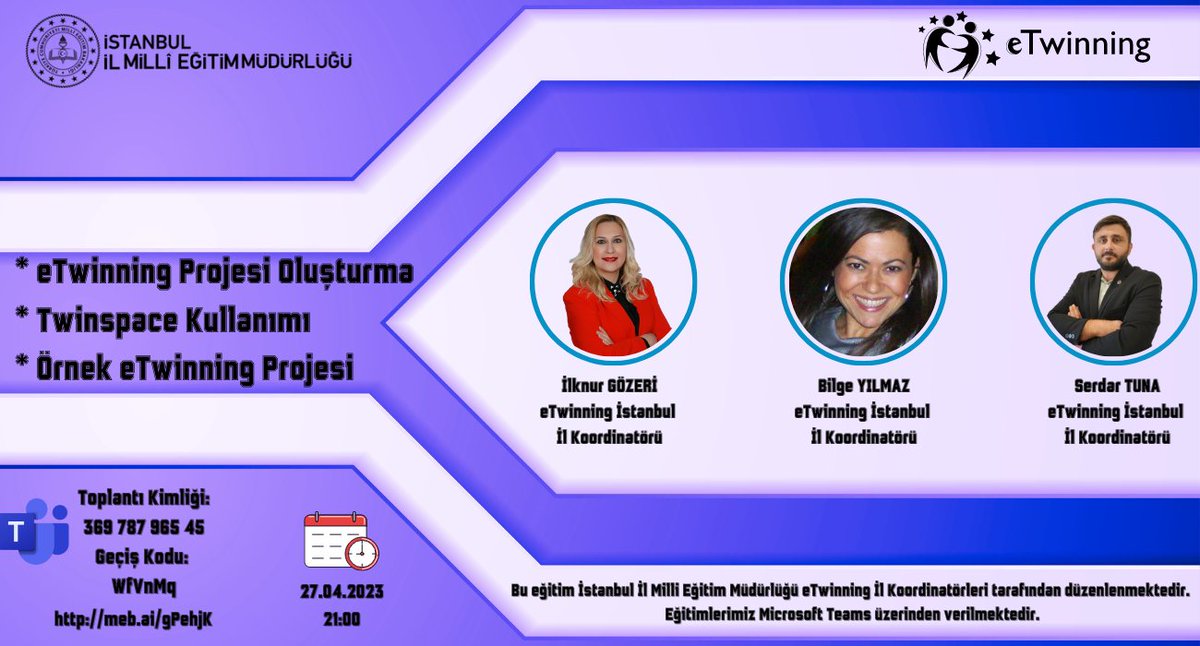 eTwinning İl Koordinatörlerimiz tarafından eTwinning Projesi Oluşturma, Twinspace Kullanımı ve Örnek eTwinning Projesi Sunumları gerçekleştirilecektir. Katılımlarınızı bekleriz.

Bağlantı Linki : meb.ai/FOvk48

<a href="/tretwinning/">eTwinning Türkiye</a> <a href="/istanbulilmem/">İstanbul İl Millî Eğitim Müdürlüğü</a> <a href="/ErsahinMustafa/">Mustafa Erşahin</a> <a href="/ist_arge/">İSTANBUL MEM AR-GE</a>